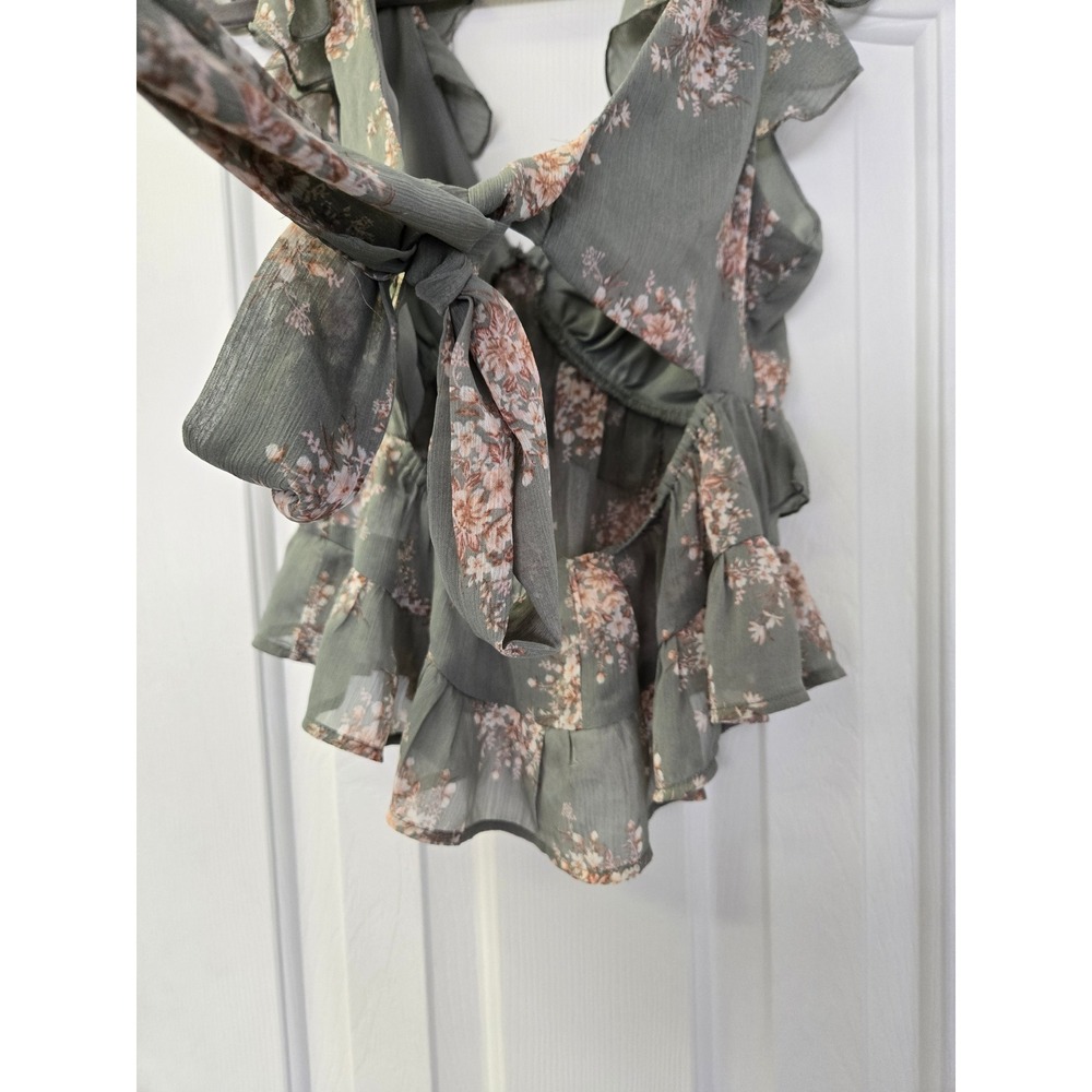 Trixxi Los Angeles Sage Green Floral Ruffle Peplum Top XS Babydoll Cottagecore - Picture 2 of 5